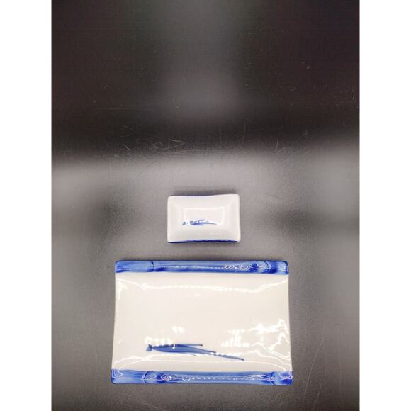 Japanese Traditional Porcelain Bamboo Plate Set Service of 4 ~ Blue & White - Picture 7 of 12